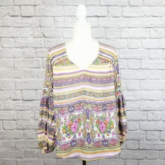 Maeve Anthro Ceresco pastel floral long sleeve v neck top women's size Small - Picture 2 of 9